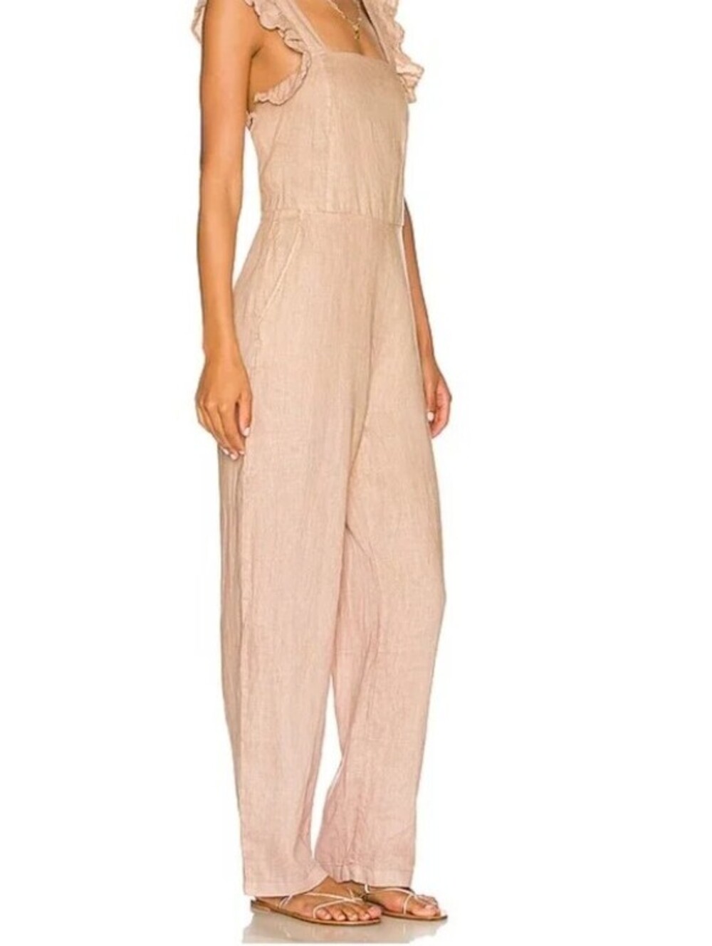 BLANKNYC Women's Ruffle Sleeve Jumpsuit in Going Steady Small 100% Linen Pockets